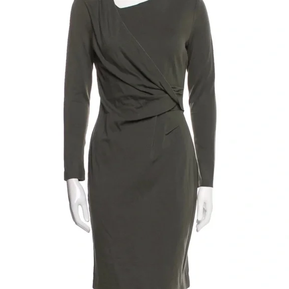 Escada Dresses | Escada Olive Green Asymmetrical Wrap Dress for Work Excellent Condition | Color: Green | Size: 36 | Rosyrr77'S Closet